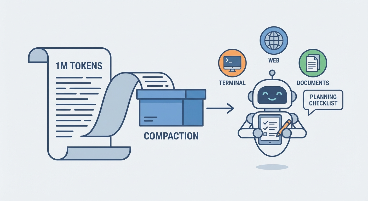 Claude Opus 4.6 长上下文与 compaction 示意图